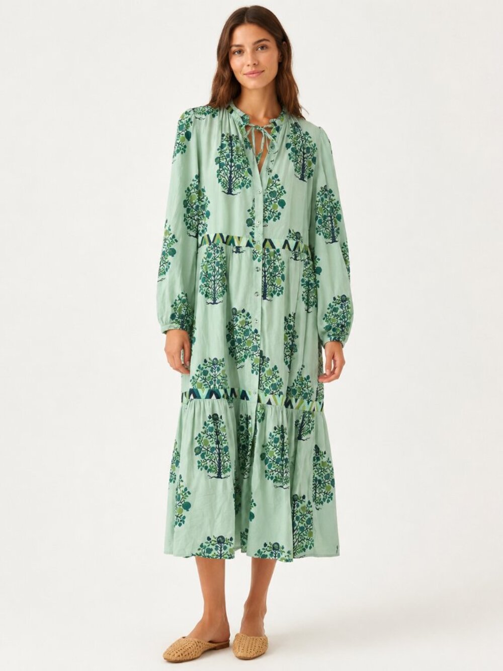 Olivia James The Label Green Botanical Print 100% Cotton Midi Dress Size Large